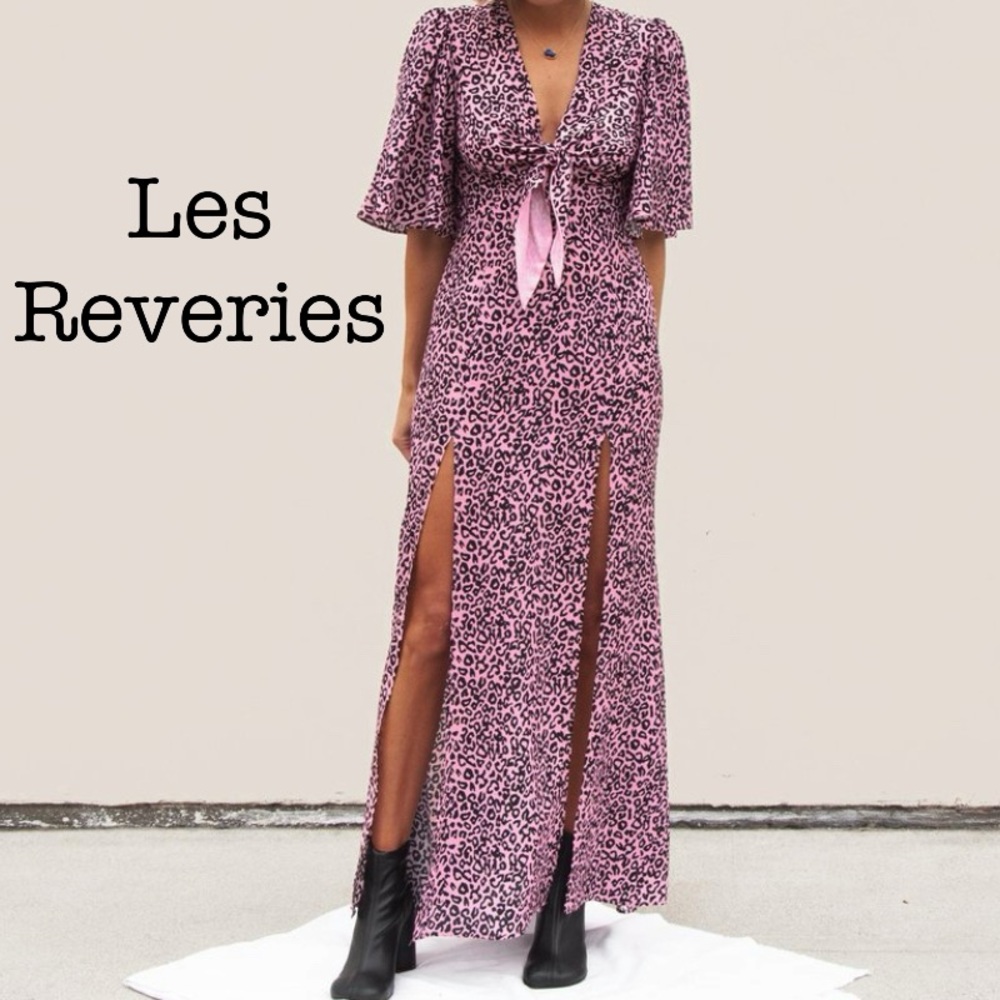 Les Reveries Pink Leopard Print High Slit Maxi Dress Size 4